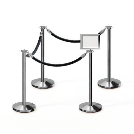 MONTOUR LINE Stanchion Post & Rope Kit Pol.Steel, 4FlatTop 3Blk Rope 8.5x11H Sign C-Kit-3-PS-FL-1-Tapped-1-8511-H-3-PVR-BK-PS